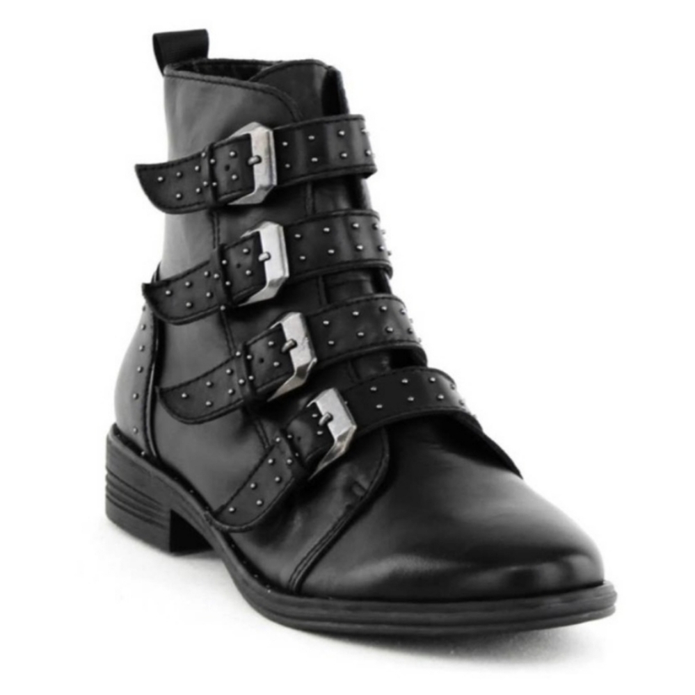 STEVE MADDEN Pursue Black Studded Buckle Strappy Leather Moto Combat Boots Sz 9